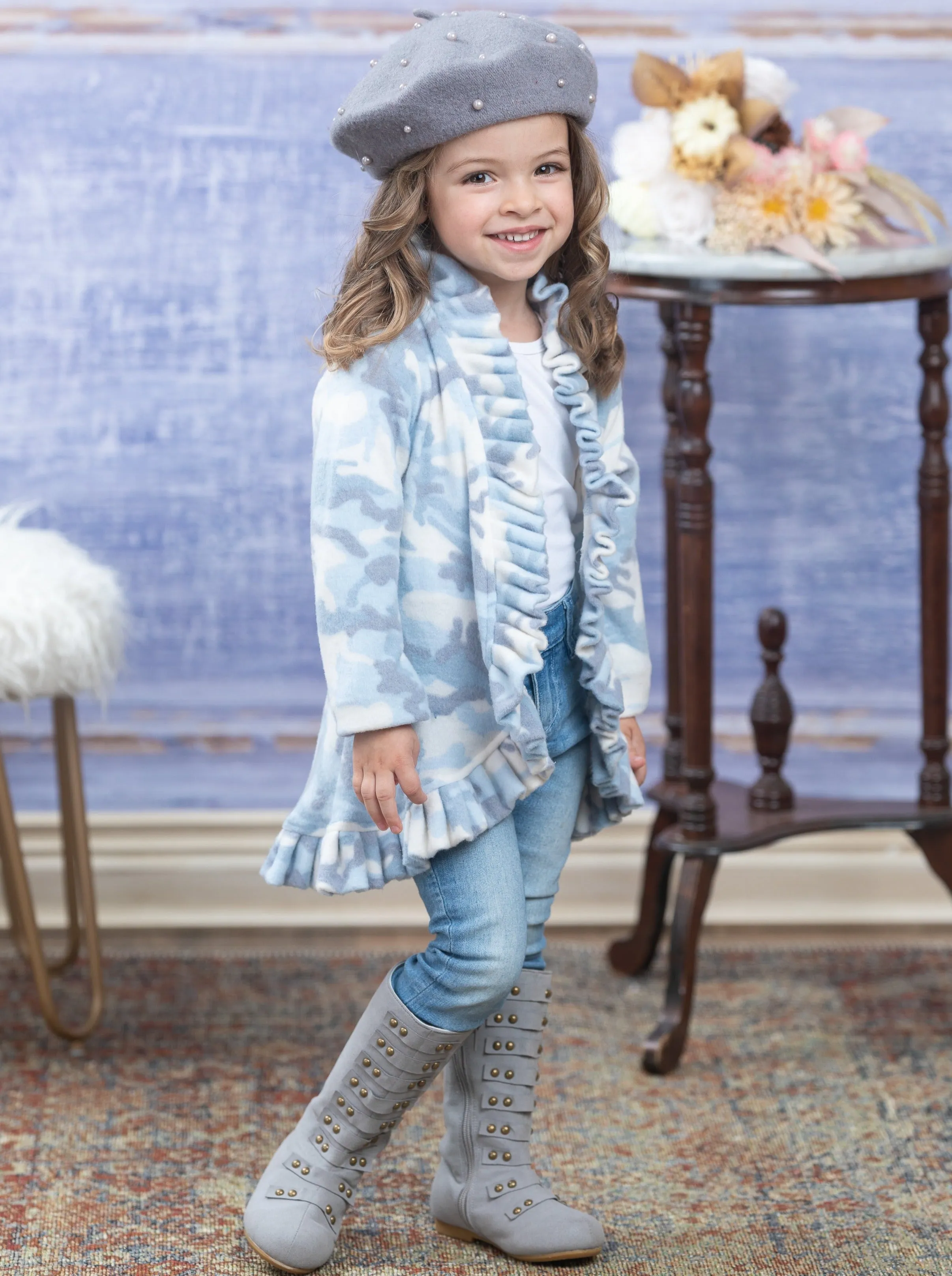 In Command Blue Camo Ruffle Cardigan