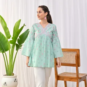 Mint Sanganeri Print Tunic with Bell Sleeves