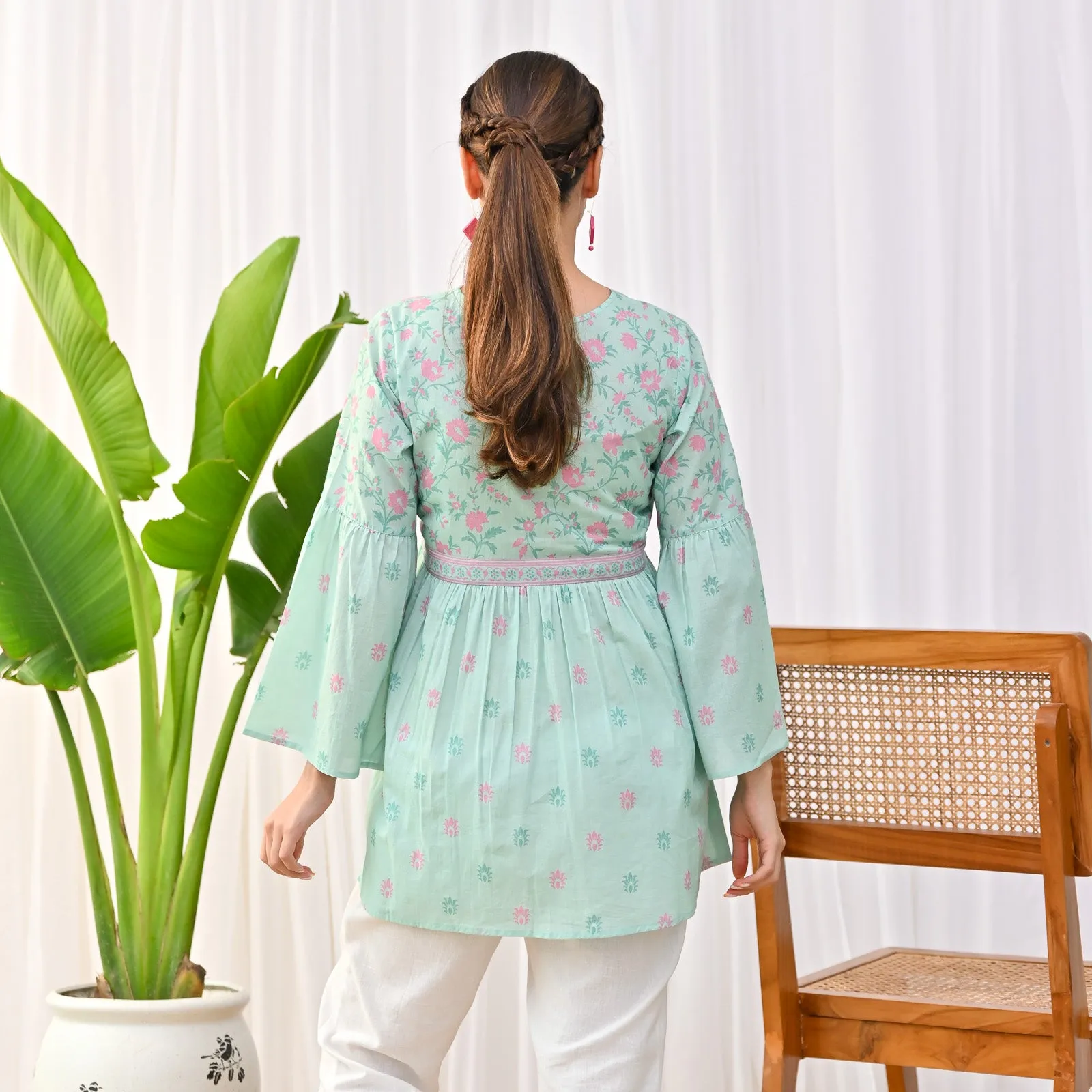 Mint Sanganeri Print Tunic with Bell Sleeves