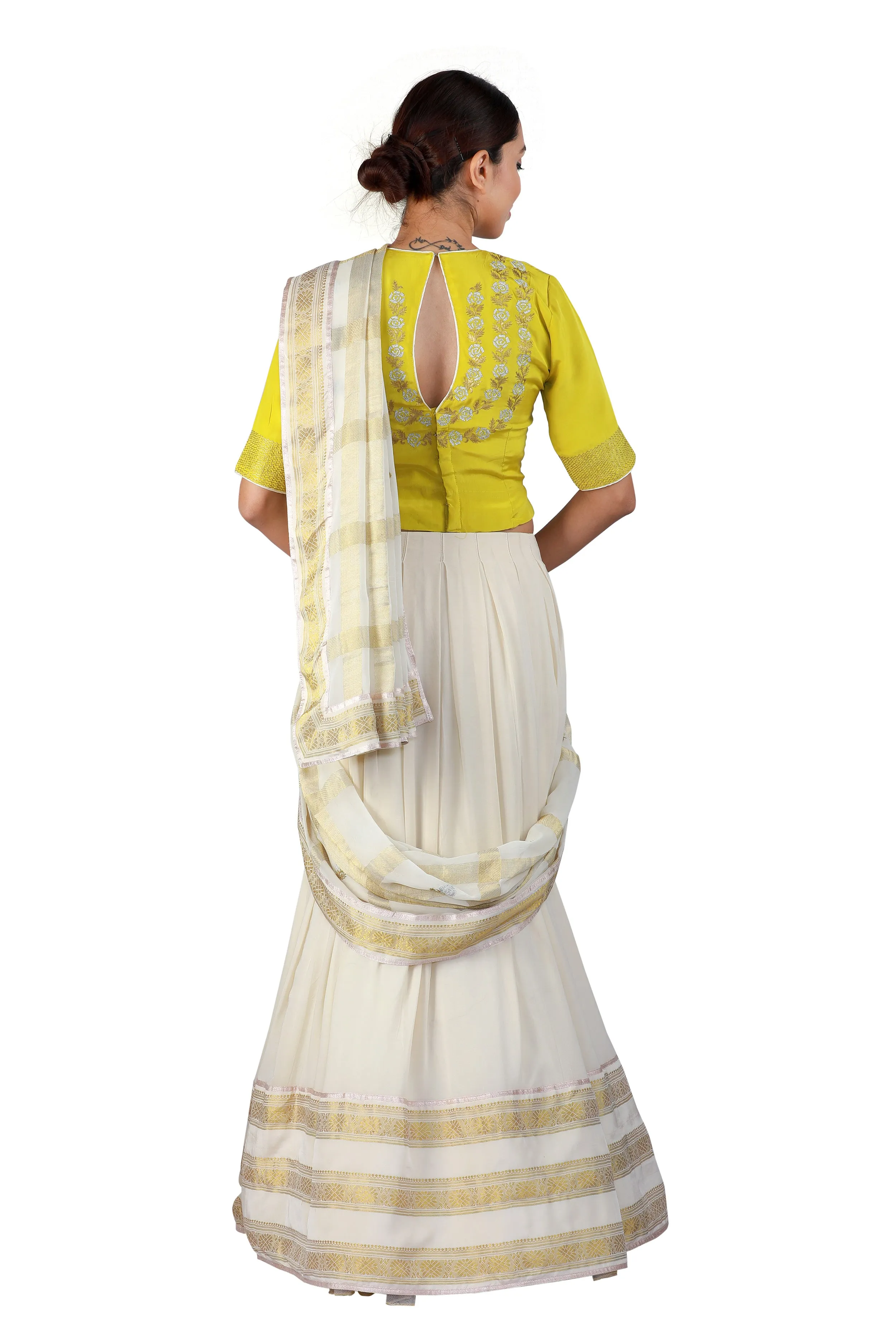 Off-white and Yellow Lehenga