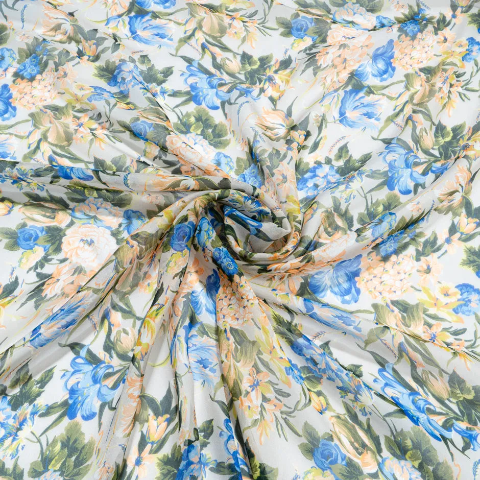 Orange & Blue Floral Printed Grey Silk Chiffon