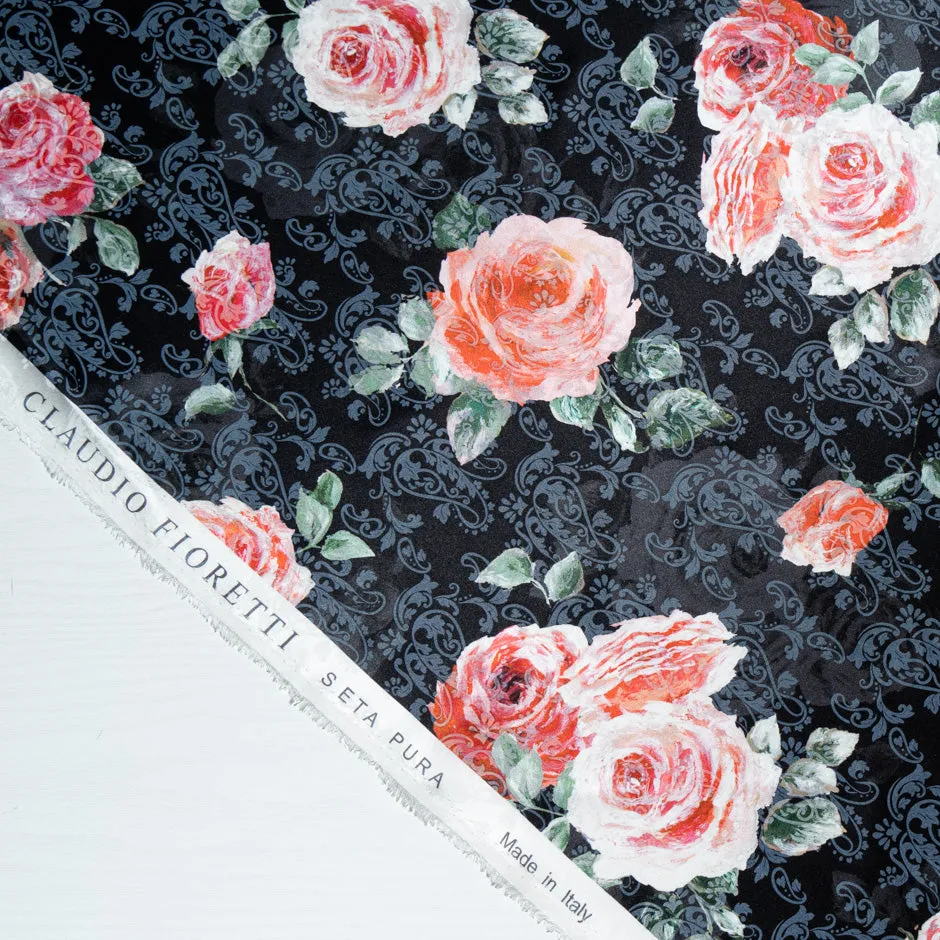 Pink Rose Vision Printed Black Silk Jacquard