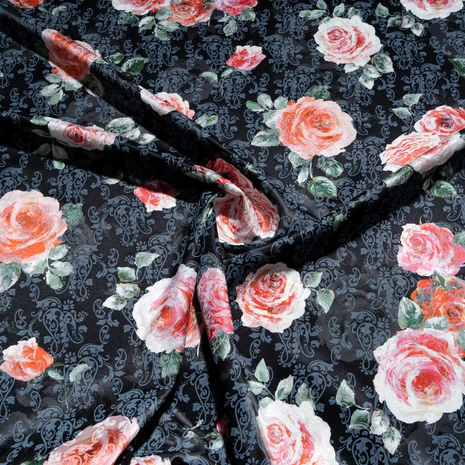 Pink Rose Vision Printed Black Silk Jacquard