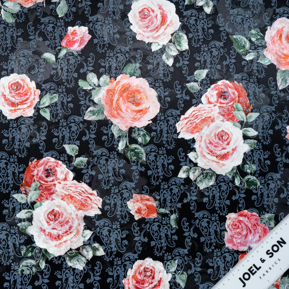 Pink Rose Vision Printed Black Silk Jacquard