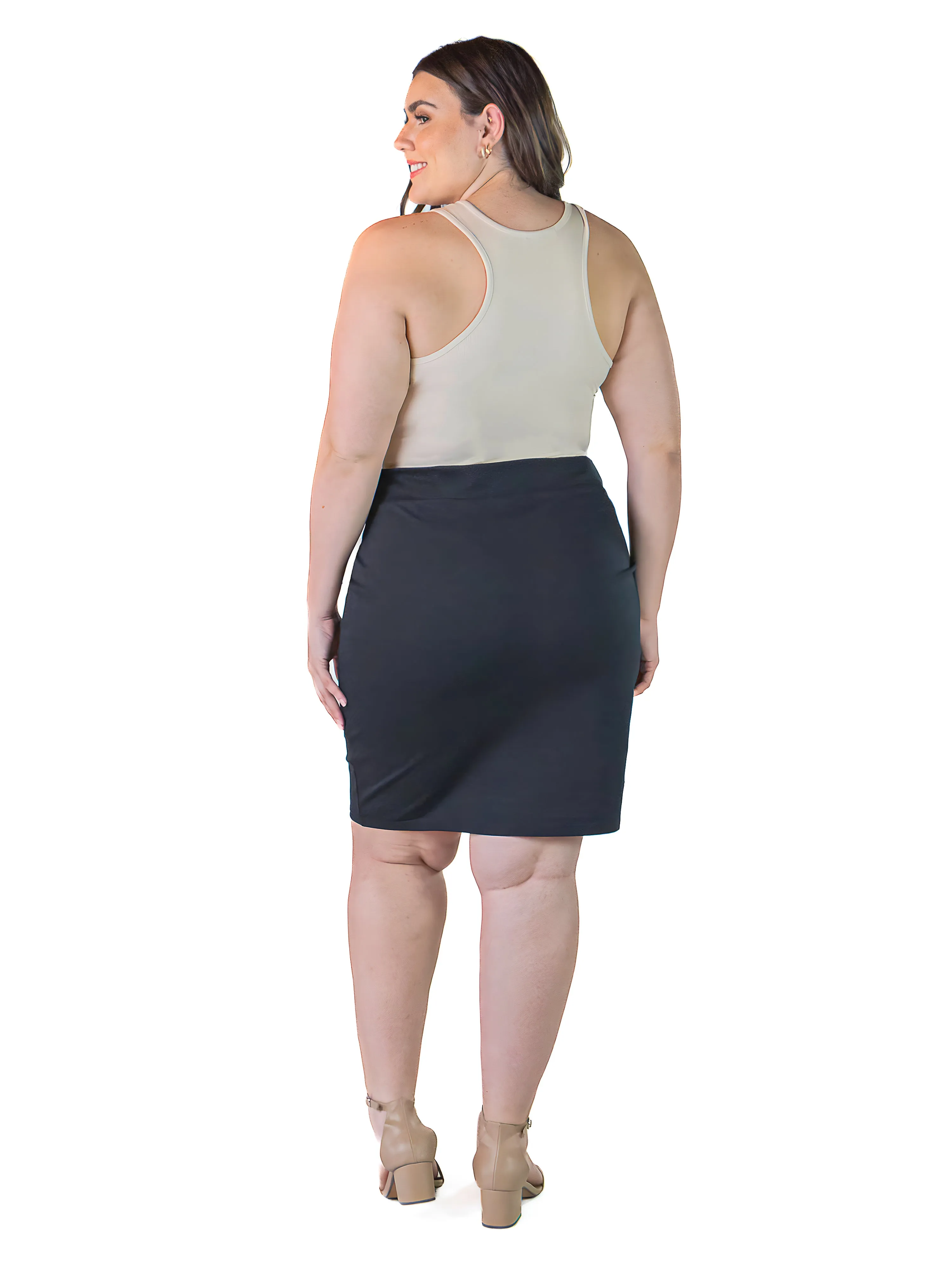 Plus Size Solid Color Elastic Waist Knee Length Pencil Skirt