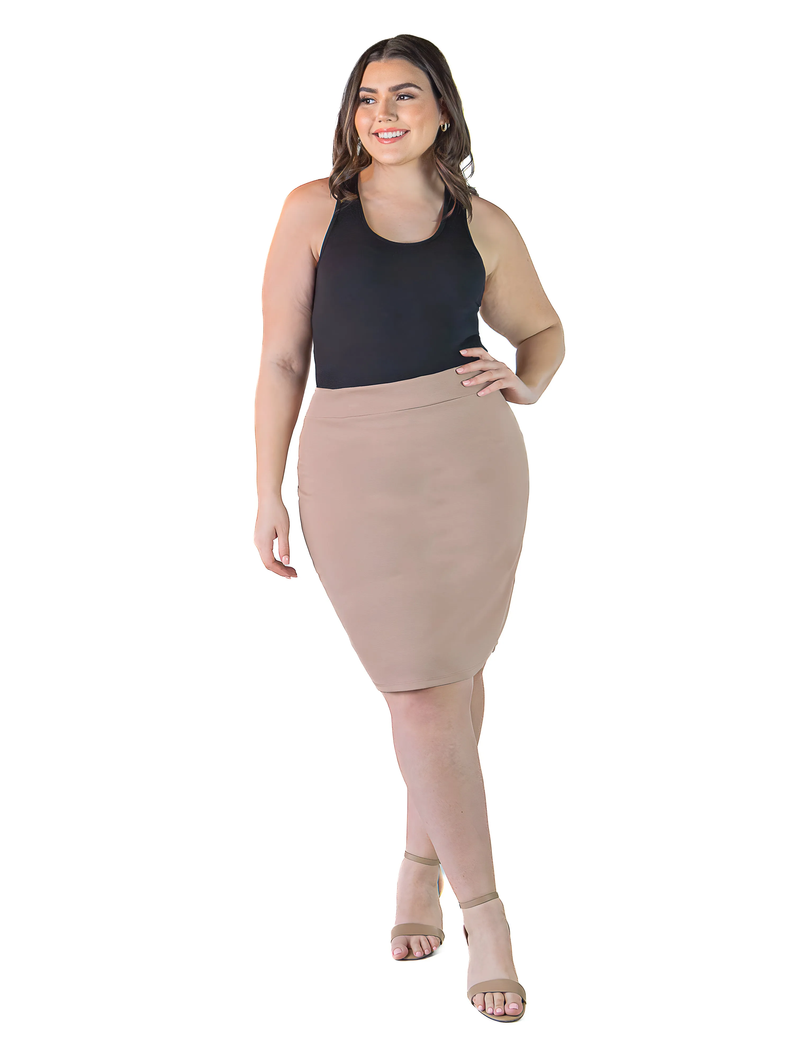 Plus Size Solid Color Elastic Waist Knee Length Pencil Skirt