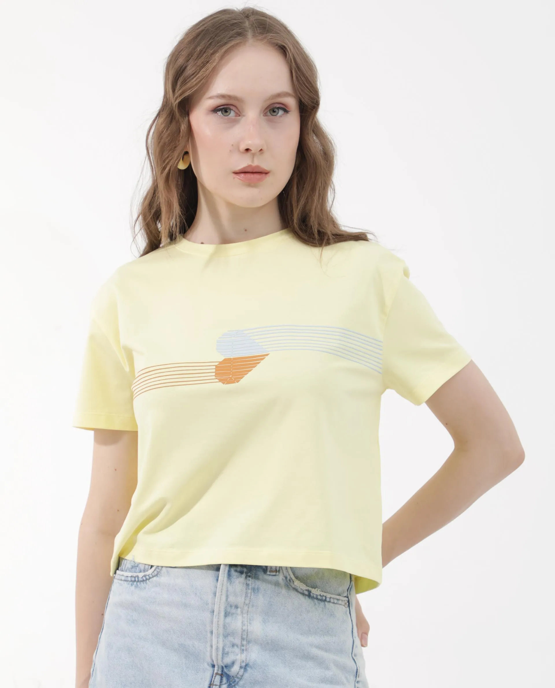 Rareism Women Kuncro Yellow Cotton Elastane Fabric Crew Neck Knit Solid T-Shirt