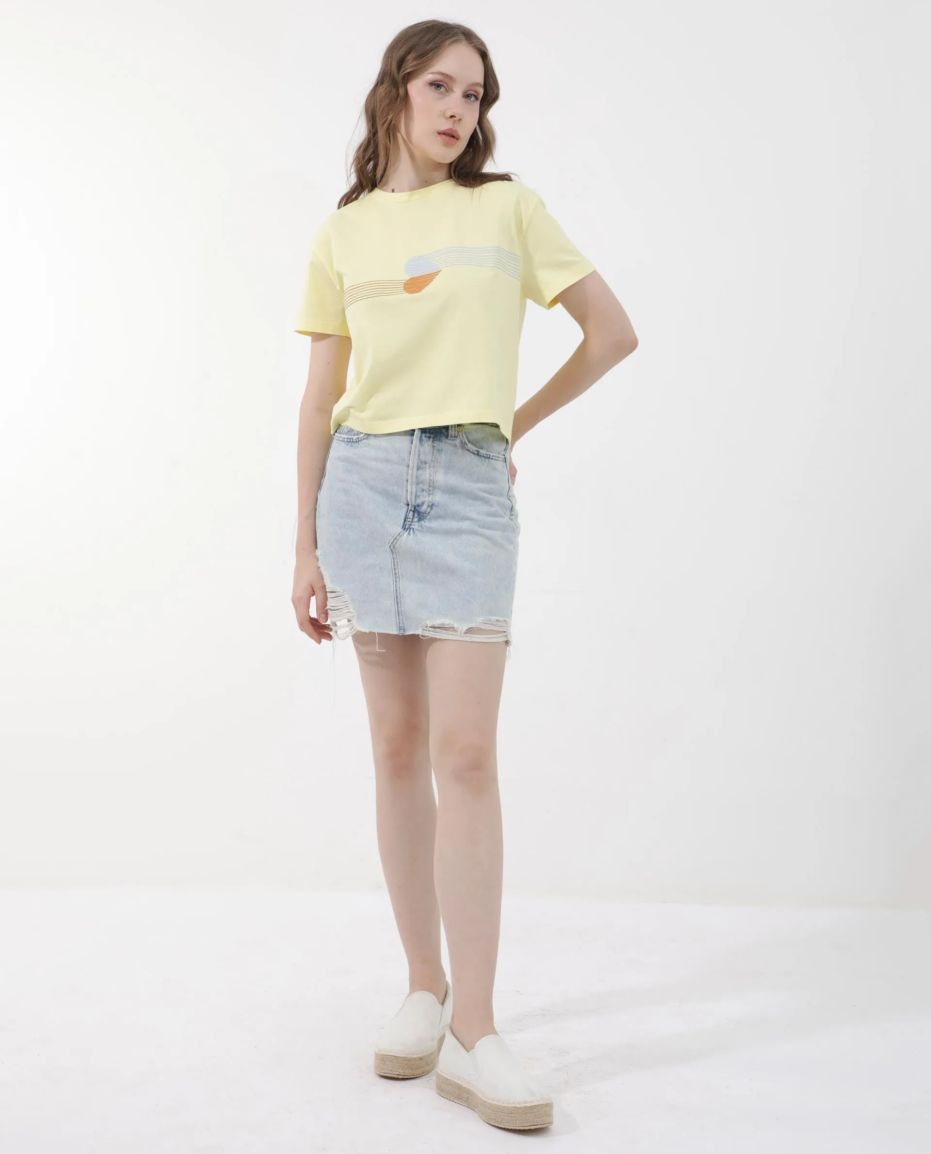 Rareism Women Kuncro Yellow Cotton Elastane Fabric Crew Neck Knit Solid T-Shirt