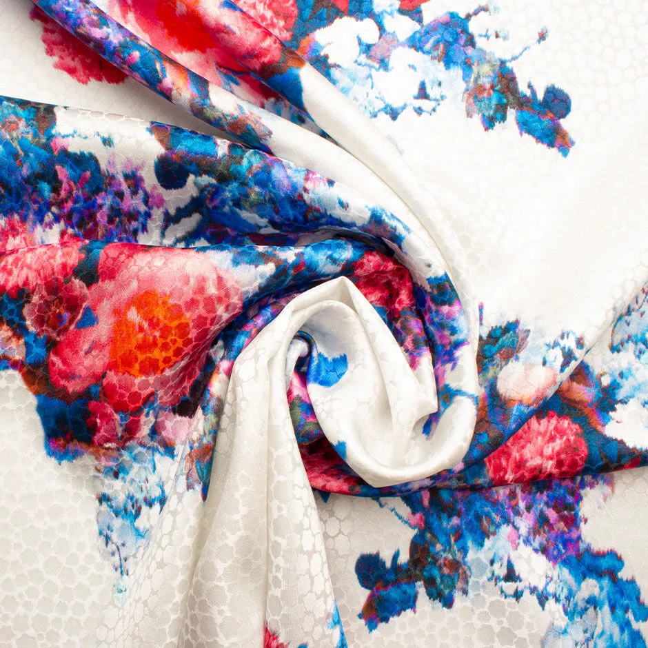 Red, Pink & Blue Floral Printed Ivory Silk Jacquard