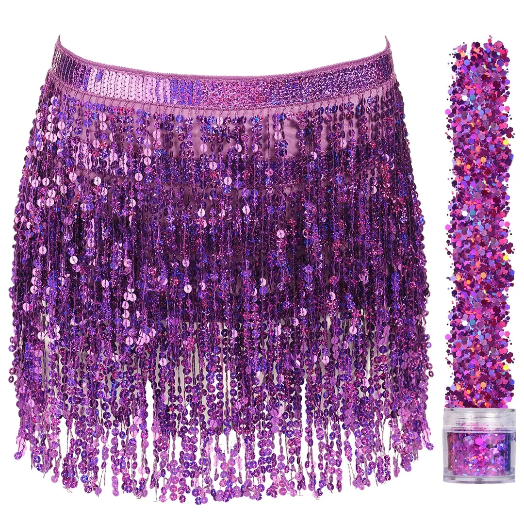 Sequin Fringe Mini Skirt - Sparkly Belly Dance Hip Scarf - Space Cowgirl Outfit - Holographic Tassel Skirts - Party Accessories - Music Festival Rave Clothes for Women ( Purple ) - FUNCREDIBLE