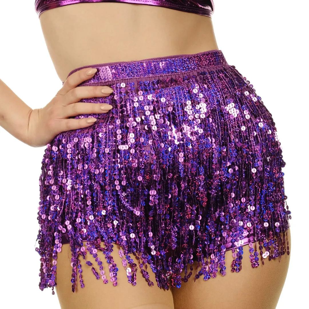 Sequin Fringe Mini Skirt - Sparkly Belly Dance Hip Scarf - Space Cowgirl Outfit - Holographic Tassel Skirts - Party Accessories - Music Festival Rave Clothes for Women ( Purple ) - FUNCREDIBLE