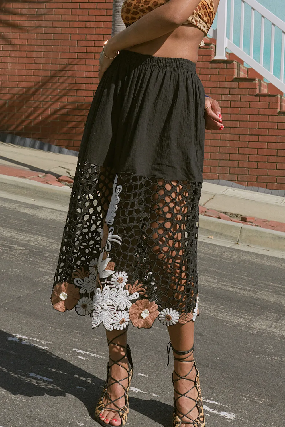 Take Your Time Cutwork Embroidered Midi Skirt - Black