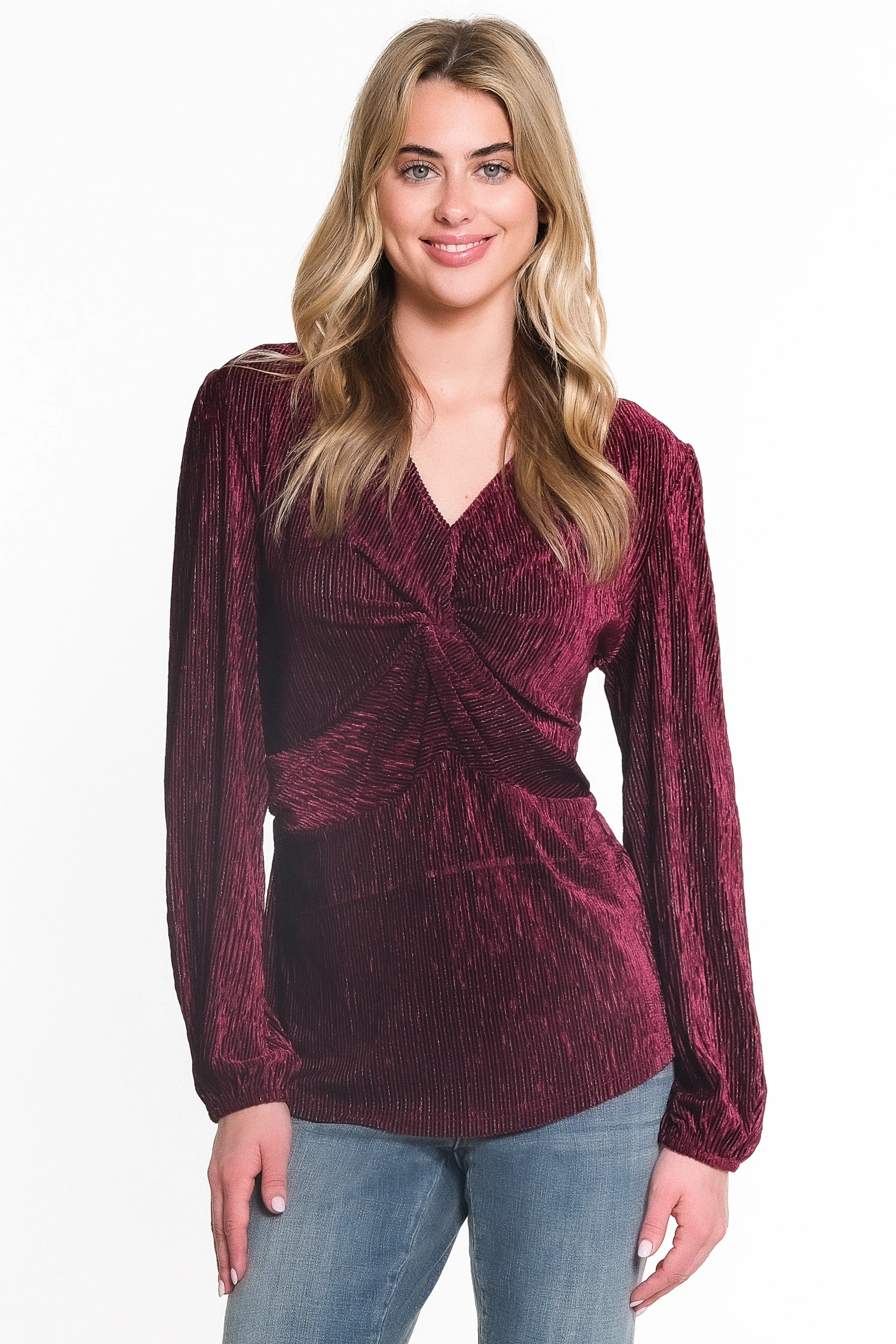 TWIST FRONT PLEATED KNIT TOP - Wine