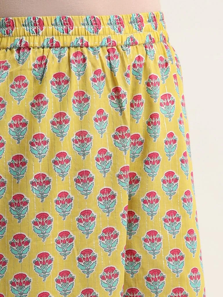 Utsa Yellow Floral Printed Cotton Blend Palazzos