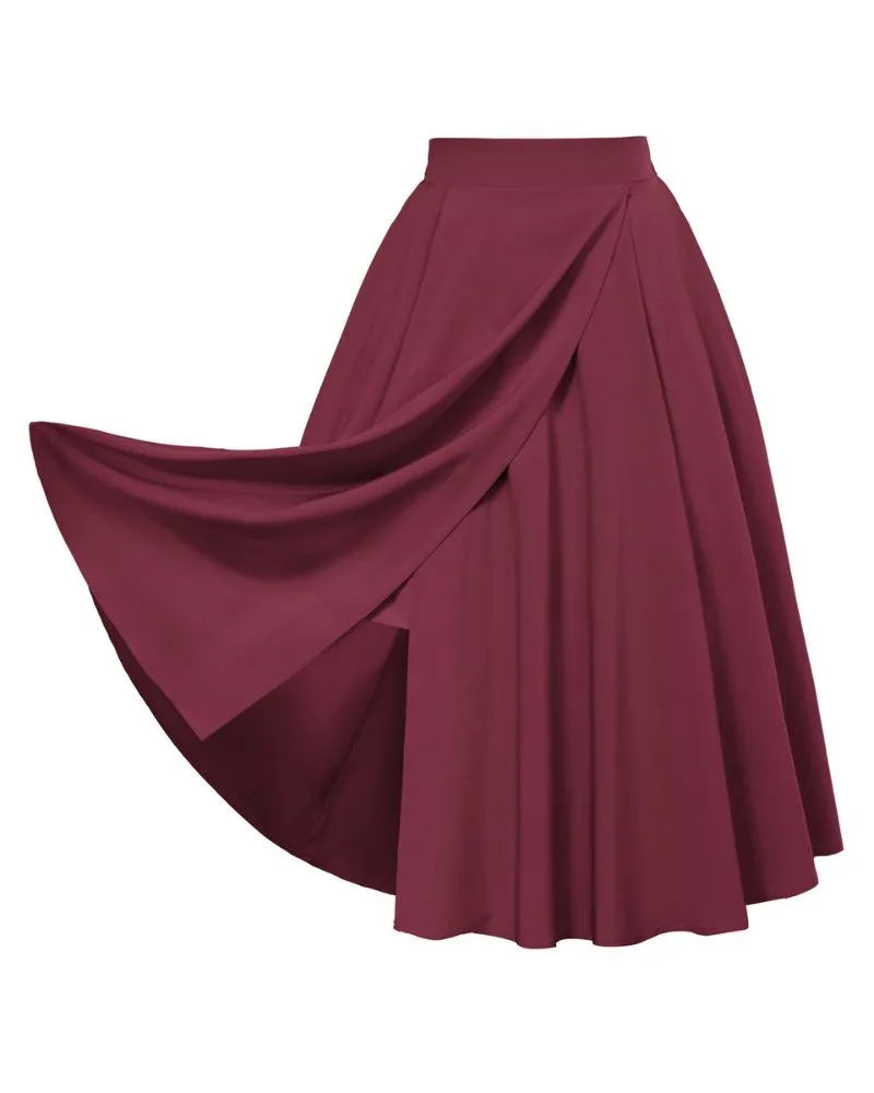 Vintage Skirts with Side Slit High Waisted Midi A-Line Flowy Skirts with Pockets