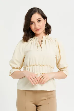 Woman Plain Ruched Cream Blouse