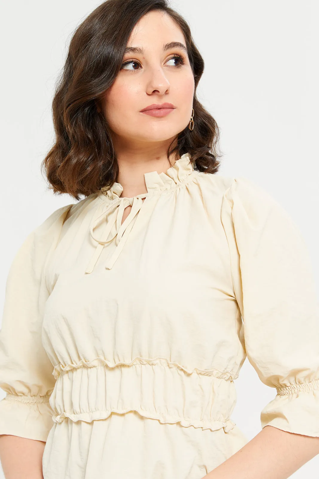 Woman Plain Ruched Cream Blouse