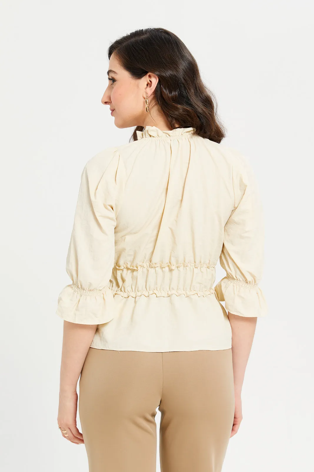 Woman Plain Ruched Cream Blouse