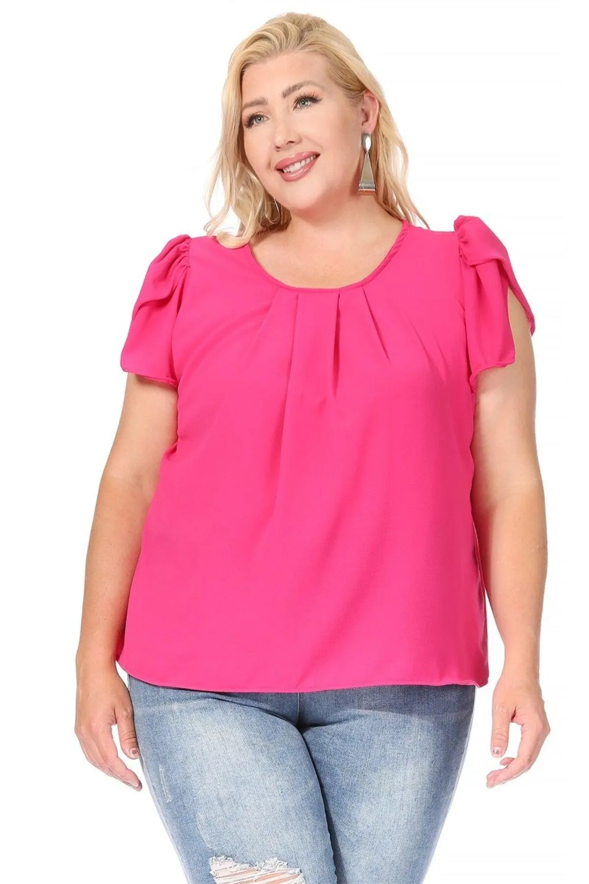 Women's Plus Size Casual Solid Pleated Front Petal Cap Sleeve Round Neck Blouse