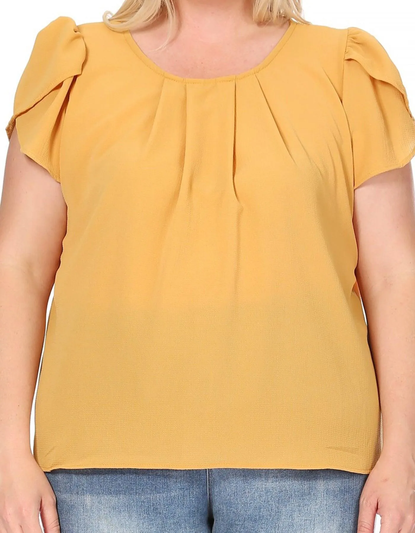 Women's Plus Size Casual Solid Pleated Front Petal Cap Sleeve Round Neck Blouse