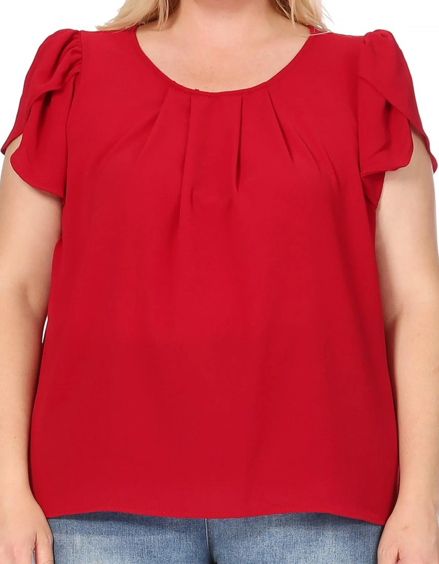 Women's Plus Size Casual Solid Pleated Front Petal Cap Sleeve Round Neck Blouse