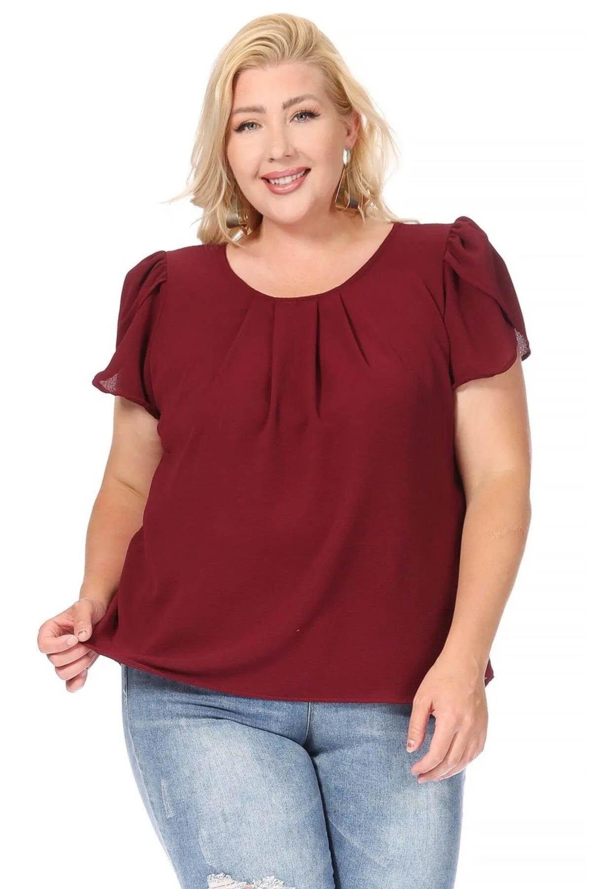 Women's Plus Size Casual Solid Pleated Front Petal Cap Sleeve Round Neck Blouse