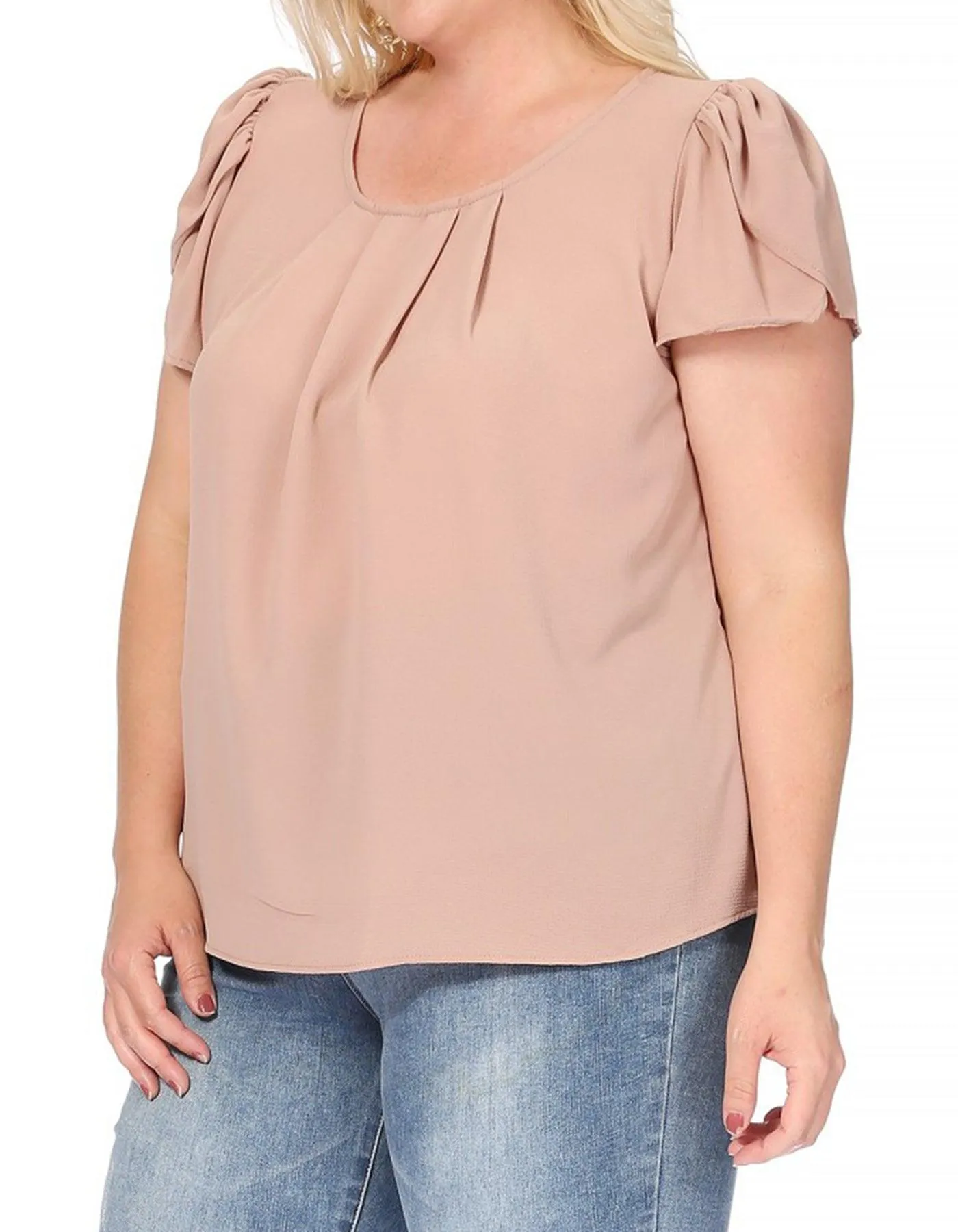 Women's Plus Size Casual Solid Pleated Front Petal Cap Sleeve Round Neck Blouse