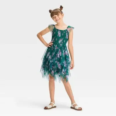 ZENZI Girls' Tiered Mesh Dress Smocked Smocked Bodice Cap Sleeve